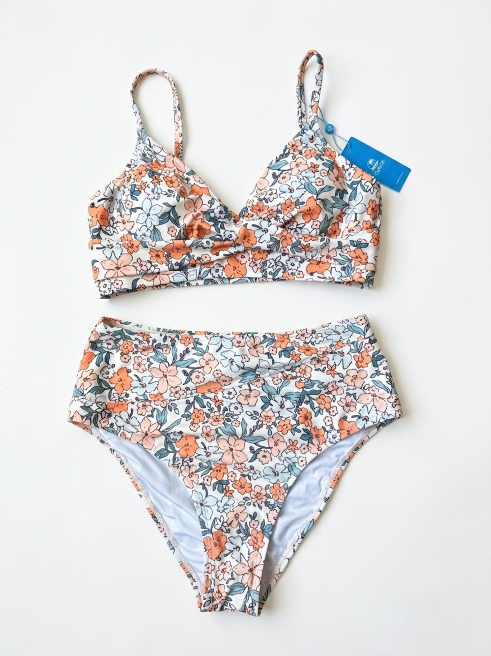CUPSHE Floral High Waisted V-Neck Twist Bikini Set Peach Teal Size M NWT